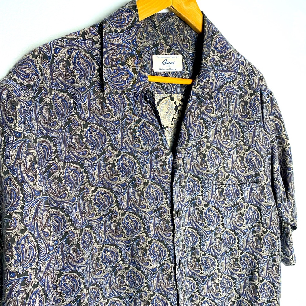 Brioni Men's Blue Paisley Short-Sleeve Button-Down Shirt